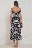 Off the Shoulder Black Flowers Mermaid Midi Wedding Guest Dress