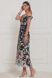 Off the Shoulder Black Flowers Mermaid Midi Wedding Guest Dress