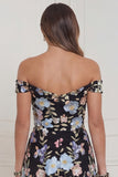 Off the Shoulder Black Flowers Mermaid Midi Wedding Guest Dress