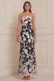 Strapless Black Flowers Sheath Long Wedding Guest Dress