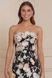 Strapless Black Flowers Sheath Long Wedding Guest Dress