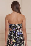 Strapless Black Flowers Sheath Long Wedding Guest Dress