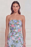 Light Blue Strapless Mermaid Floral Wedding Guest Dress