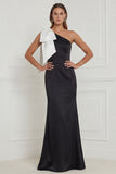 One Shoulder Mermaid Black Tie Dress with Bow
