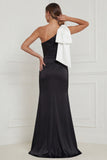 One Shoulder Mermaid Black Tie Dress with Bow