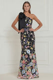One Shoulder Sage Green Flower Mermaid Wedding Guest Dress with Bow