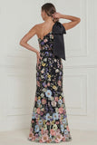 One Shoulder Sage Green Flower Mermaid Wedding Guest Dress with Bow