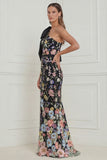 One Shoulder Sage Green Flower Mermaid Wedding Guest Dress with Bow