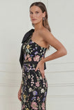 One Shoulder Sage Green Flower Mermaid Wedding Guest Dress with Bow