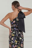 One Shoulder Sage Green Flower Mermaid Wedding Guest Dress with Bow