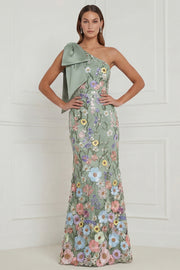 One Shoulder Sage Green Flower Mermaid Wedding Guest Dress with Bow