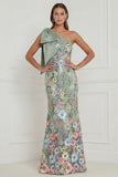 One Shoulder Sage Green Flower Mermaid Wedding Guest Dress with Bow