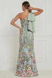 One Shoulder Sage Green Flower Mermaid Wedding Guest Dress with Bow