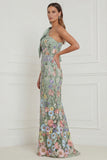 One Shoulder Sage Green Flower Mermaid Wedding Guest Dress with Bow