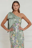One Shoulder Sage Green Flower Mermaid Wedding Guest Dress with Bow
