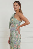 One Shoulder Sage Green Flower Mermaid Wedding Guest Dress with Bow