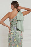 One Shoulder Sage Green Flower Mermaid Wedding Guest Dress with Bow