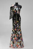 One Shoulder Mermaid Black Flowers Long Wedding Guest Dress with Bow