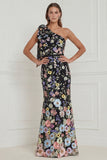 One Shoulder Mermaid Black Flowers Long Wedding Guest Dress with Bow