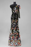 One Shoulder Mermaid Black Flowers Long Wedding Guest Dress with Bow