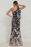 One Shoulder Mermaid Black Flowers Long Wedding Guest Dress with Bow