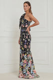 One Shoulder Mermaid Black Flowers Long Wedding Guest Dress with Bow