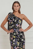 One Shoulder Mermaid Black Flowers Long Wedding Guest Dress with Bow