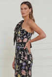 One Shoulder Mermaid Black Flowers Long Wedding Guest Dress with Bow