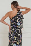 One Shoulder Mermaid Black Flowers Long Wedding Guest Dress with Bow