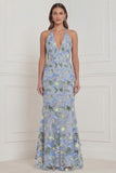 Halter Light Blue Mermaid Floral Wedding Guest Dress