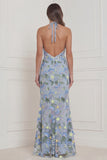 Halter Light Blue Mermaid Floral Wedding Guest Dress