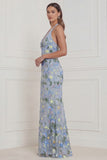 Halter Light Blue Mermaid Floral Wedding Guest Dress