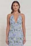 Halter Light Blue Mermaid Floral Wedding Guest Dress