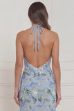 Halter Light Blue Mermaid Floral Wedding Guest Dress