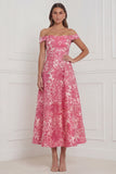 Hot Pink Off the Shoulder A Line Floral Wedding Guest Dress