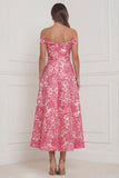 Hot Pink Off the Shoulder A Line Floral Wedding Guest Dress