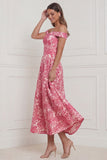 Hot Pink Off the Shoulder A Line Floral Wedding Guest Dress