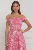 Hot Pink Off the Shoulder A Line Floral Wedding Guest Dress