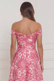 Hot Pink Off the Shoulder A Line Floral Wedding Guest Dress