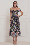 Black Flowers Off The Shoulder A Line Corset Midi Wedding Guest Dress