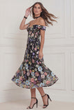 Black Flowers Off The Shoulder A Line Corset Midi Wedding Guest Dress