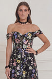Black Flowers Off The Shoulder A Line Corset Midi Wedding Guest Dress