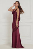 Burgundy Mermaid Cowl Neck Long Wedding Guest Dress