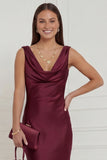 Burgundy Mermaid Cowl Neck Long Wedding Guest Dress