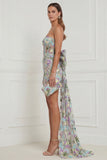 Light Blue Flower Strapless Bodycon Corset Wedding Guest Dress with Back Bow