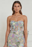 Light Blue Flower Strapless Bodycon Corset Wedding Guest Dress with Back Bow