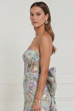 Light Blue Flower Strapless Bodycon Corset Wedding Guest Dress with Back Bow