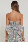 Light Blue Flower Strapless Bodycon Corset Wedding Guest Dress with Back Bow