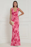 Hot Pink Sheath Cowl Neck Floral Wedding Guest Dress