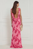 Hot Pink Sheath Cowl Neck Floral Wedding Guest Dress